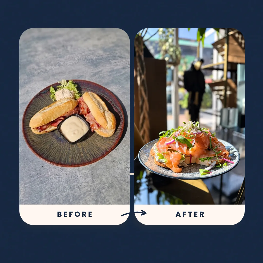 Voor en na bij Eindeloos Genieten: eerst een oude foto van een broodje, daarna onze foto van een toast met zalm